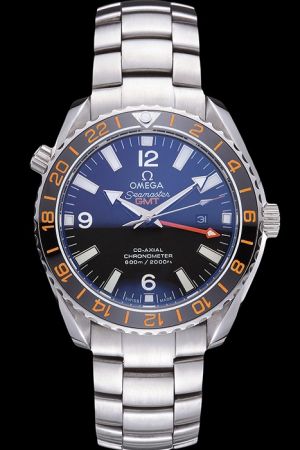 Omega Seamaster GMT Co-Axial Planet Ocean Black Unidirectional Rotating Bezel Luminous Scale Broad Arrow Hand Stainless Steel Watch