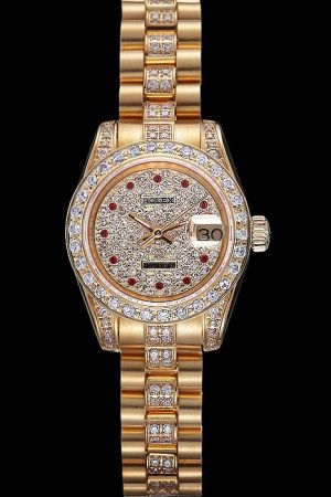 Swiss Made Rolex Datejust Diamonds Case/Dial/Bracelet Red Diamonds Marker 18k Yellow Gold Business Women Weeding Watch