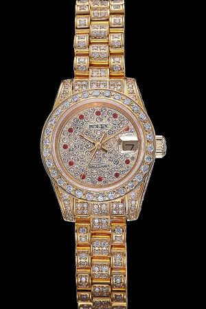 Lady Rolex Datejust Full-set Diamonds 18k Yellow Gold Watch Body Red Diamonds Hour Scale Convex Lens Date Window Watch