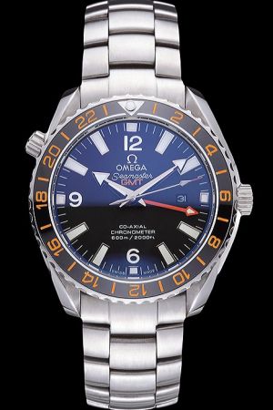 Omega Seamaster GMT Co-Axial Uni-directional Rotating Bezel With Orange Arabic Numerals Luminous Marker Arrow Pointer With Red Hand Watch