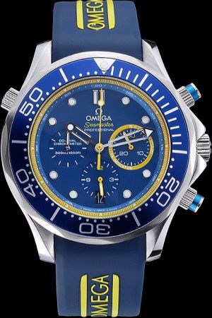 Omega Seamaster Professional Co-Axial Chronometer Blue Uni-directional Rotating Bezel Blue Dial Yellow Scale Rim Blue Rubber Strap Watch