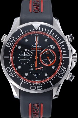 Omega Seamaster Professional Emirates Team Black Uni-directional Rotating Bezel Red Stick Rim Red Second Hand Black Rubber Strap Watch