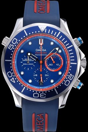 Omega Seamaster Emirates Team Blue Uni-directional Rotating Bezel Blue Dial Red Stick Rim Hollow Hand Blue Rubber Strap Watch