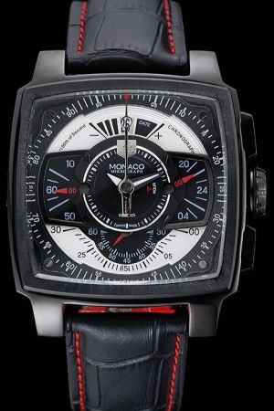 Tag Heuer Monaco Two-tone Complicated Dial Ion-plated Square Case Black Strap Watch