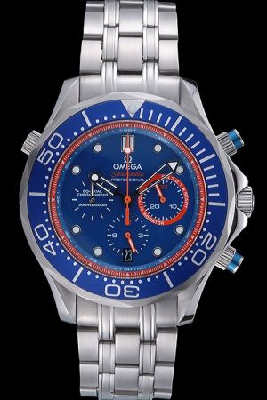 Faux Omega Seamaster Emirates Team Chronometer Blue Bezel/Dial Red Stick Rim Red Second Pointer Three Sub-dials Date Watch