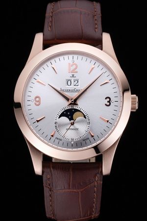  Jaeger-LeCoultre Master Moonphase Rose Gold Case Silver Dial Arrow/Arabic/Stick Marker Brown Strap Date Auto Watch Ref. No.1552520