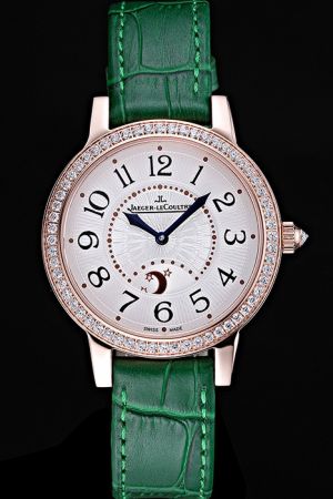 Lady JL Rendez-Vous Night&Day Rose Gold Case Diamonds Bezel Silver Guilloche Dial Arabic Scale Gothic Pointers Green Strap Watch Q3462421