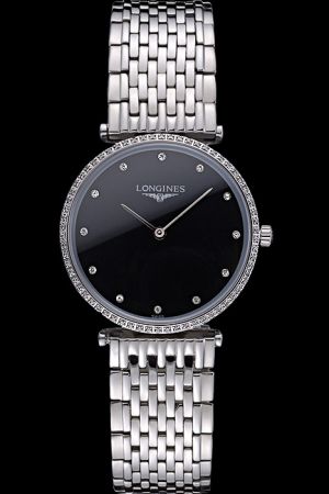 33mm Men’s Longines La Grande Black Dial Diamonds Bezel&Scale Silver Bracelet Watch