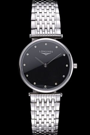 Men’s Longines La Grande Classique Black Dial Diamonds Markers Stainless Steel Quartz Watch L4.709.4.58.6