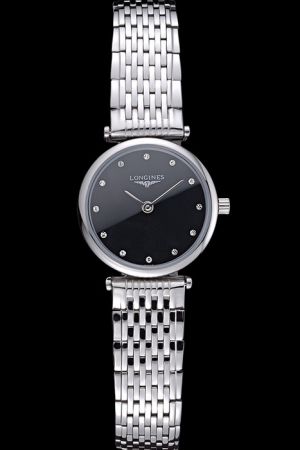 Lady Longines La Grande Classique Black Dial Diamonds Scale Stainless Steel Quartz Watch L4.209.4.58.6