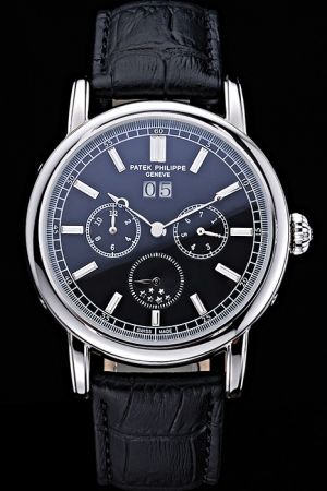 Fake PP Grand Complications Black Dial Silver Scale Three Sub-dials Date Watch