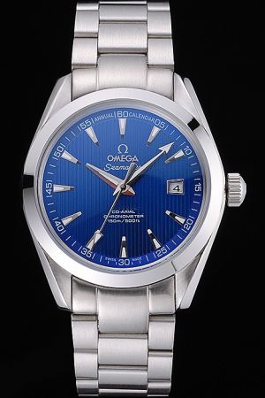 Fake Omega Seamaster Chronometer Annual Calendar Blue Striated Dial Luminous Arrow Marker Dauphine Pointer Stainless Steel Watch 231.10.42.21.03.003