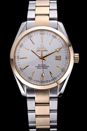 Omega Seamaster Chronometer Gold Bezel Silver Striated Dial Arrow/Arabic/Stick Scale Luminous Pointer Two-tone Steel Bracelet Watch 2318.30