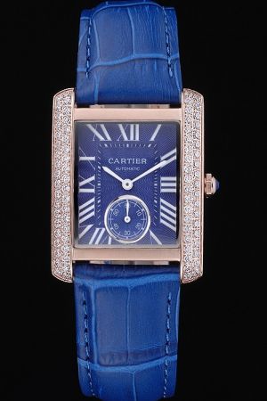 Cartier Diamonds Case Tank Jewels  KDT210 Stylish Blue  Leather Wristband
