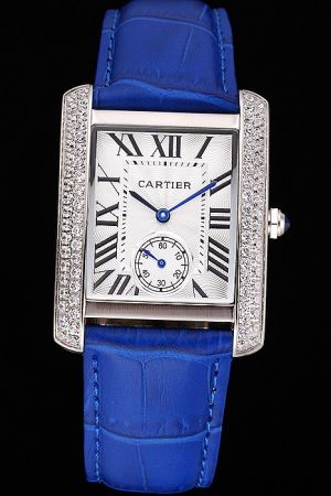 Unisex Cartier WT100017 Tank White Gold  Business S/Steel Watch KDT232 Royal Blue Leather Strap