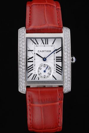 Faux Cartier WT100029 Red Stra Date All Diamonds BezelBusiness woman Tank Watch KDT231