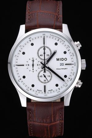 Fake Mido Multifort Chronograph White Dial Dots/Stick Scale Tachymeter Marker Black Second Hand Brown Strap Date Watch