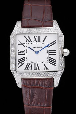 Cartier Santos White Gold Jewelry Watch KDT031 Lrather Strap 100% Diamonds Beze