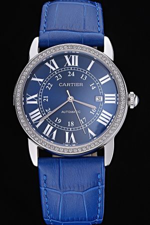 Fake Cartier Swiss  Ronde Jewelry Business Watch SKDT049 Silver Case Diamonds Bezel