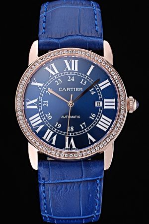 Swiss Made Cartier WH100751 Diamonds Bezel Ronde Replica SKDT051 Blue Leather Wristband