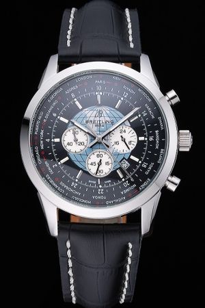 Swiss Breitling Transocean Unitime Silver Case Black Dial Black Strap Chronograph Watch AB0510U4/BB62/441X/A20BA.1