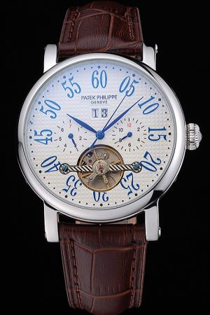 Rep PP Grand Complications Tourbillon Blue Arabic Scale&Pointer Brown Strap Watch