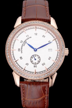 VC Traditionnelle Rose Gold Diamond Bezel White Dial With Barque Pattern Two Blue Hands Stick Arabic Scale Small Sub-dial Watch