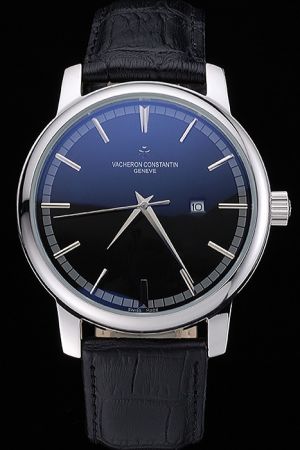 VC Patrimony Contemporary Geneve Rotund Case Black Dial Silver Stick Track Scale Dauphine Pointers Date Watch