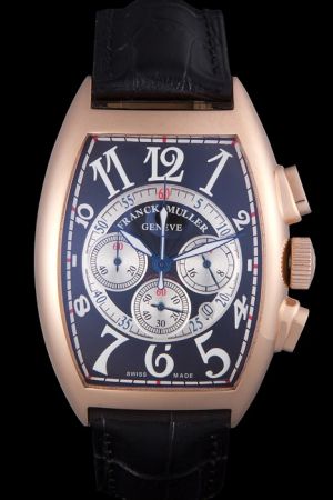 Franck Muller Casablanca 18k Gold Case Silver Sub-Dial Black Leather Strap Men's Watch Replica FM037