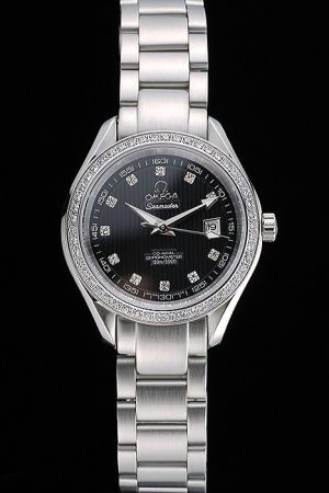 Rep Lady Omega Seamaster Co-Axial Aqua Terra 31mm Diamonds Bezel&Marker Black Striated Face Dauphine Hand Steel Bracelet Watch 231.15.30.61.56.001