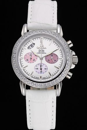 Women Omega De Ville Co-Axial Chronometer Diamonds Bezel Stick Scale Three Pink Oval Sub-dials Luminous Losange Hand White Strap Watch 324.38.38.50.55.001