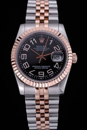 Rolex Datejust Rose Gold Fluted Bezel/Stick Index Arabic Numeral Convex Lens Date Window Two-Tone Steel Jubilee Bracelet Watch