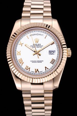 Rolex Day-date 18k Rose Gold Case/Braclet Fluted Bezel White Dial Gold Roman Numeral/Stick Hand Week Display Window Auto Watch Ref.118238