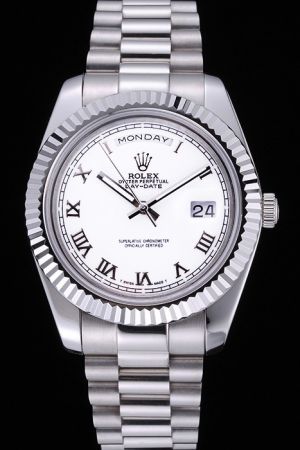 Male Rolex Day-date White Gold Fluted Bezel White Dial Roman Hour Scale Stick Hand Date Display Window SS Watch Ref.118239