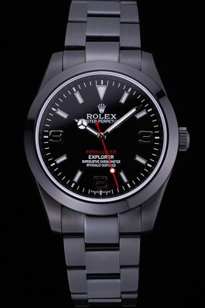 Low Price Rolex Explorer Black PVD Case/Bracelet Black Dial Luminous Hour Scale Mercedes Hand With Red Second Pointer Watch Ref.214270