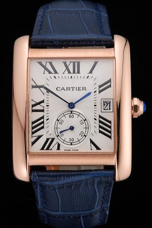 Cheap Cartier Pink Gold Bezel Tank Date Dress Watch KDT182 Blue Leather Strap
