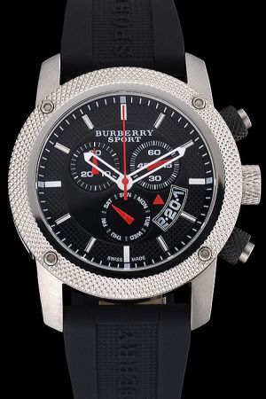 Burberry BU7707 Sport Athlete Black Dial Silver Case Black Rubber Strap Chronograph Watch BU015
