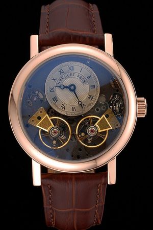 Breguet Tradition Tourbillon Decoration Off-centred Dial Gold Case Brown Leather Strap Watch BT011
