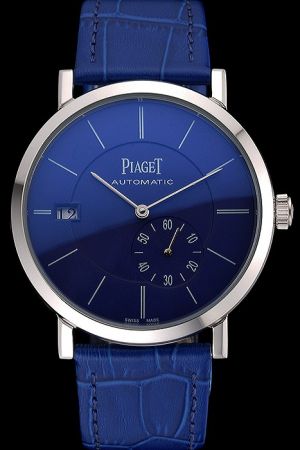 Piaget Altiplano Silver Case Blue Dial Stick Hour Scale Two Stick Pointers Blue Strap Rep Date Watch
