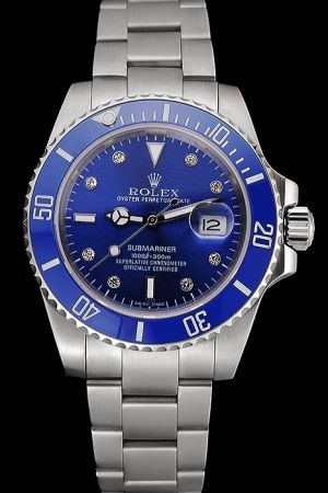 Gents Rolex Submariner Blue Ceramic Rotating Bezel Blue Face Diamonds Scale Mercedes Index White Gold Bracelet Watch