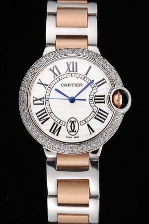 Cartier Ballon Bleu Big Size Diamonds Bezel Business Swiss S/Stee Watch SKDT359 2-Tone Bracelet