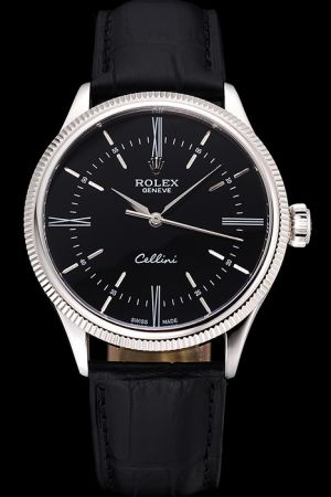 Rolex Cellini 39mm Stainless Steel Fluted Bezel White Dial Silver Scale/Pointer Black Strap Swiss Auto Men’s Dress Watch
