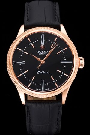 Swiss Rolex Cellini Rose Gold Case/Marker/Index Fluted Bezel Black Dial/Strap Men 39mm Business Style Watch