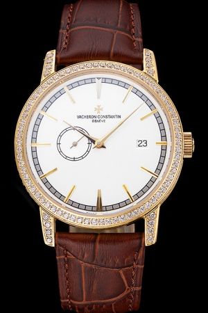 Swiss VC Patrimony Contemporaine Full-set Diamonds Yellow Gold Case White Dial Minute Track Inner Rim Stick Marker Watch