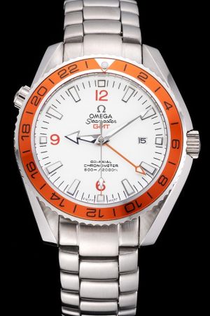 Omega Seamaster Planet Ocean GMT 43mm Orange Unidirectional Rotating Bezel Luminous Hour Scale Arrow Pointers Steel Bracelet Fake Watch