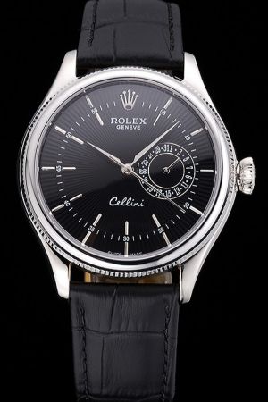 Rolex Cellini White Gold Fluted Bezel/Stick Scale/Alpha Pointer Black Guilloche Dial Date Sub-dial Black Strap Quartz Watch Ref.50519