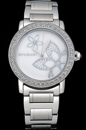 Bvlgari Flower Pattern Dial Diamonds Bezel Stainless Steel Bracelet Watches Online For Sale BV105