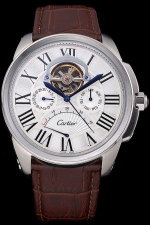 Casual Cartier Brown Leather Strap Calibre Tourbillon Day Date 45mm Watch KDT280 White Gold Case