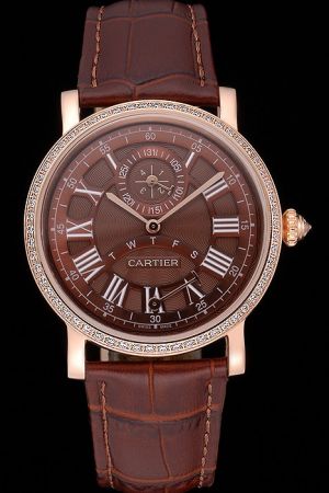 Cartier Mens Day Date  Pink Gold Diamonds Bezel Rotonde Suits Watch KDT128 Brown Strap