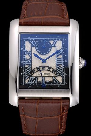 Cheap Cartier Blue Hands Big Case boys Tank Suits USA Watch KDT251 Brown Leather Strap